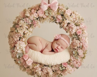 Fondo digital floral para recién nacidos, fondo digital para niña, fondo floral para fotografía, accesorio fotográfico para recién nacidos, fondo con corona floral