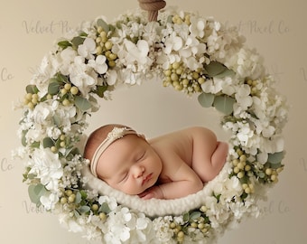 Fondo digital floral para recién nacidos, fondo digital para niña, fondo floral para fotografía, accesorio fotográfico para recién nacidos, fondo con corona floral