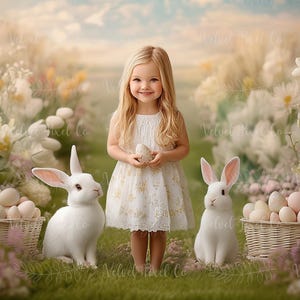 May include: A young girl in a white dress holds a small white egg in a field of flowers with two white bunnies sitting in front of her.