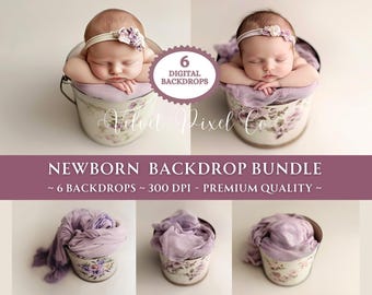Op de afbeelding: Een set van zes digitale newborn achtergrondafbeeldingen met een paarse stof die over een vintage bloemenemmer is gedrapeerd. De tekst "Velvet Pixel Co." is zichtbaar in de afbeelding. De tekst "NEWBORN BACKDROP BUNDLE ~ 6 BACKDROPS ~ 300 DPI - PREMIUM QUALITY ~" is ook zichtbaar in de afbeelding.