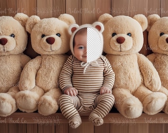 Fondo digital para recién nacidos, inserto de cara de osito de peluche para recién nacidos, fondo digital, accesorio para fotografía de bebé, superposición compuesta de Photoshop, estante para ositos 3