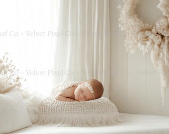 Digital Boho Hintergrund, digitale Hintergründe, Neugeborenen Fotografie, Mutterschaft Hintergrund, weißes Bett, getrocknete Blumengirlande Hintergrund, Boho Raum 2