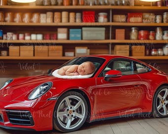 Newborn Digital Background, Newborn Car Backdrop, Baby Boy Background, Digital Car Photography Prop, Creative Composite, Newborn Porsche 3