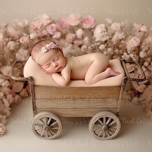 Newborn Digital Backdrop, Newborn Floral Wooden Cart Background, Princess Floral Cart, Photoshop Composite, Holiday Backdrop, Floral Cart 1