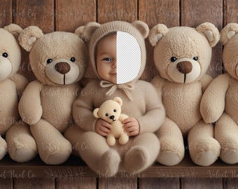 Fondo digital para recién nacidos, inserto de cara de osito de peluche para recién nacidos, fondo digital, accesorio para fotografía de bebé, superposición compuesta de Photoshop, estante para ositos 2