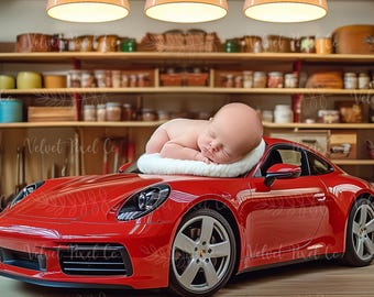 Newborn Digital Background, Newborn Car Backdrop, Baby Boy Background, Digital Car Photography Prop, Creative Composite, Newborn Porsche 2