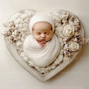 Newborn Digital Backdrop, Wooden Heart Bowl Background, Newborn Digital Overlay, Photoshop Composite, Valentines Day, White Heart Bowl 1