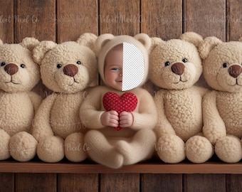 Fondo digital para recién nacidos, inserto de cara de osito de peluche para recién nacidos, fondo digital, accesorio para fotografía de bebé, superposición compuesta de Photoshop, estante para ositos de peluche 1