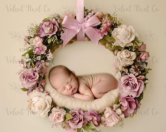 Fondo digital floral para recién nacidos, fondo digital para niña, fondo floral para fotografía, accesorio fotográfico para recién nacidos, fondo con corona colgante