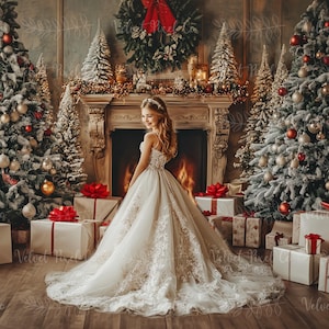 May include: A young person in a white, floor-length gown with lace detailing, posing in front of a fireplace. The scene is decorated for Christmas, with decorated trees, wrapped gifts, and a wreath above the mantel.