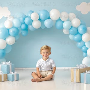 Digital Photography Backdrop, Balloon Arch Background, Boy Blue Birthday Balloons, Photoshop Cake Smash Composite Overlay, Blue BalloonArch4
