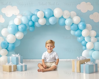 Digital Fotografie Backdrop, Ballon Bogen Hintergrund, Junge Blaue Geburtstag Luftballons, Photoshop Cake Smash Verbundstoff-Overlay, Blau BalloonArch4