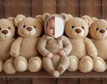 Fondo digital para recién nacidos, inserto de cara de osito de peluche para recién nacidos, fondo digital, accesorio para fotografía de bebé, superposición compuesta de Photoshop, estante para ositos 4