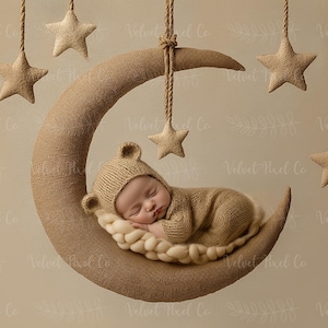 Newborn Digital Backdrop, Moon Stars Newborn Digital Background, Photo Prop, Photoshop Composite Overlay, Crescent Moon Stars, Beige Moon 2