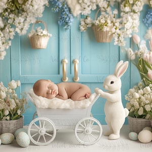 Newborn Digital Backdrop, Easter Cottage Newborn Background, Bunny Cart, Photoshop Composite Overlay, Newborn Photo Prop, Easter Bunny Cart5