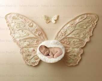 Fondo digital para recién nacidos, fondo para recién nacidos con alas de mariposa, superposición floral de mariposas para Photoshop, accesorio para fotografía compuesta, mariposa 5