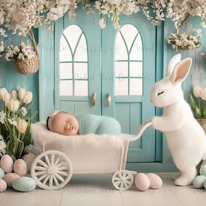 Newborn Digital Backdrop, Easter Cottage Background, Bunny Rabbit Cart, Photoshop Composite Overlay, Newborn Photo Prop, Easter Bunny Cart 6