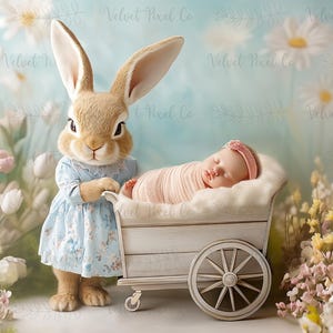 Newborn Digital Backdrop, Easter Newborn Background, Bunny Rabbit Cart, Photoshop Composite Overlay, Newborn Photo Prop, Easter Bunny Cart 4