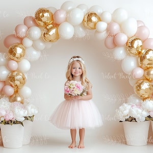 Digital Photography Backdrop, Balloon Arch Background, Girl Birthday Balloons, Photoshop Cake Smash Composite Overlay, Cream Balloon Arch 2