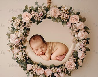 Fondo digital floral para recién nacidos, fondo digital para niña, fondo floral para fotografía, accesorio fotográfico para recién nacidos, fondo con corona floral