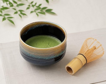 Handmade Hasami Ware Matcha Bowl with Whisk: Black Drain, Japanese Tea Ceremony Gift, Wooden Box