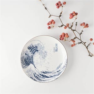 The Great Wave Porcelain Plate - Small 7.2in, Japanese Ceramics, Mino Ware, Hokusai Fuji Design, Decorative Tableware, Gift for Kitchen