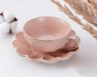 Kaneko Kohyo Rinka Handmade Soup Cup with Saucer: Pink Flower, Japanese Porcelain Tableware