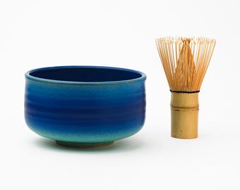 Handmade Hasami Ware Matcha Bowl with Whisk: Blue Blower, Japanese Tea Ceremony Gift, Wooden Box