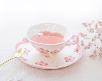 Cherry Blossom Handmade Western Tea Cup with Saucer: Pink, Japanese Arita Ware