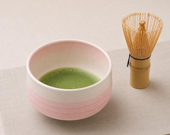 Handmade Hasami Ware Matcha Bowl with Whisk: Pink Blast, Japanese Tea Ceremony Gift, Wooden Box