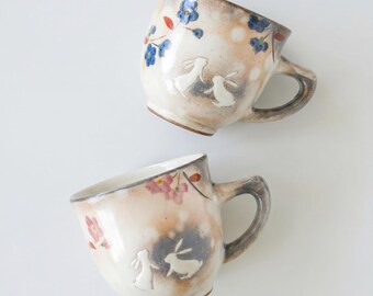 Hana Tobi Rabbit Handmade Mug: Pink/Blue, Hasami Ware, Japanese Ceramics