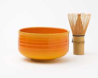Handmade Hasami Ware Matcha Bowl with Whisk: Orange Blower, Japanese Tea Ceremony Gift, Wooden Box