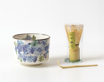 Blue Flower Handmade Matcha Bowl Set with Whisk & Scoop: Japanese Tea Ceremony Gift