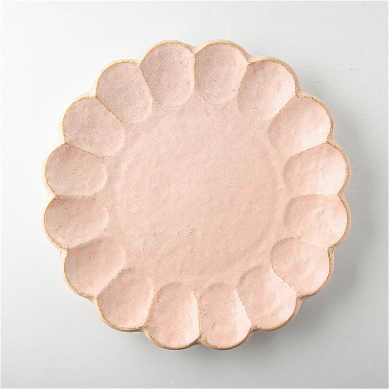 Pu&ograve; includere: Un piatto in ceramica rosa con un bordo a festoni e una superficie testurizzata. Il piatto ha un bordo leggermente rialzato e una finitura liscia e uniforme.