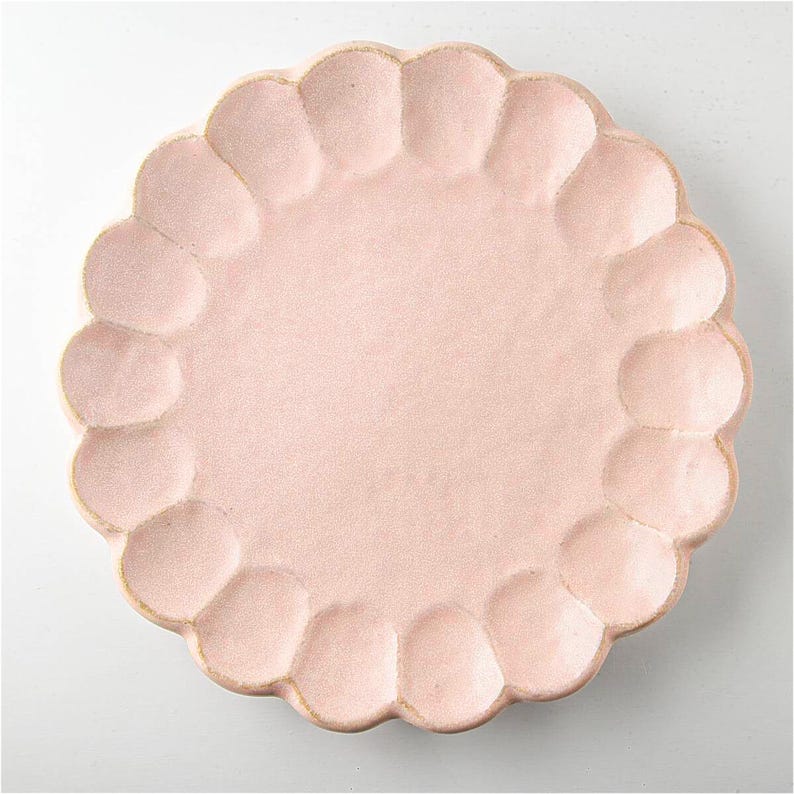 Pu&ograve; includere: Un piatto in ceramica rosa con un bordo a festoni. Il piatto ha una superficie testurizzata e un bordo leggermente rialzato.