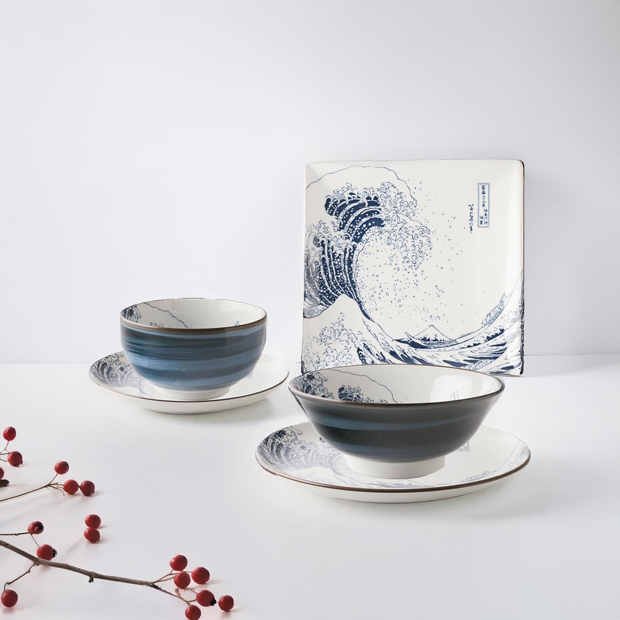 Japanese Tableware Wave Pattern The Great Wave Porcelain Tableware Set: Blue Plate and Bowl, Japanese ...