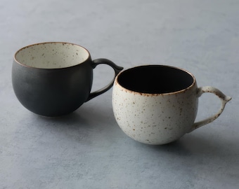 B&W Sabi Handmade Mug with Saucer: Black/White, Japanese Ceramics, Arita Ware
