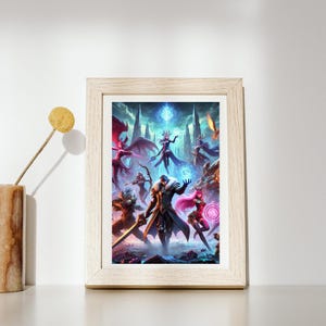 May include: A framed fantasy art print depicting a group of characters engaged in a battle scene. The characters are clad in colourful armour and robes, and they are wielding swords, bows, and magic. The background is a dark and stormy sky with a castle in the distance.