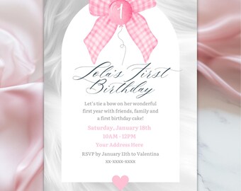 May include: A pink and white birthday invitation with a pink bow and a balloon with the number 1 on it. The text reads "Lola's First Birthday" and includes the date, time, and RSVP information.