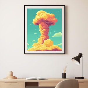Póster de erupción volcánica de anime, impresión abstracta de humo única, arte retro premium listo para colgar, decoración colorida de dibujos animados japoneses, regalo para amantes del arte.
