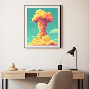 Stampa artistica del vulcano dei cartoni animati retrò, poster di eruzione colorata, decorazione pop art anime arancione verde acqua, illustrazione giocosa della natura, download digitale