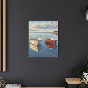 Row Boats on Lake Canvas - Serene Mountain Landscape Wall Art - Peaceful Nature Decor - Ready to Hang Stretched Canvas