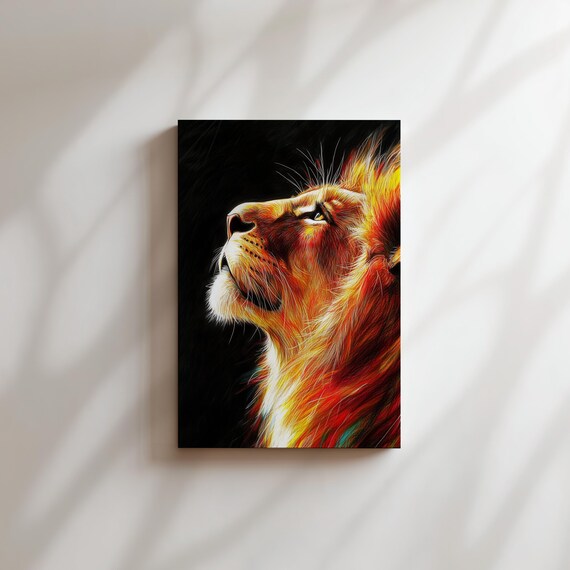 ライオンヘッドポートレート、リアルなイラストプリント、勇気と強さの