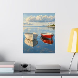 Serene Ruderboote Poster, Matt Beach Day Malstil Druck, Premium fertig zum Aufhängen, helles nautisches Dekor, Geschenk für Kunstliebhaber