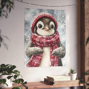 Póster adorable de pingüino de invierno, impresión estilo ilustración linda, lista para colgar de primera calidad, decoración de dibujos animados caprichosa, regalo para amantes de los animales