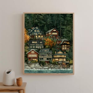 Seaside Village Digital Art Print, Illustrated Nostalgic Forest Cliff Houses, Cozy Coastal Townscape Wall Art, Instant Download Decor