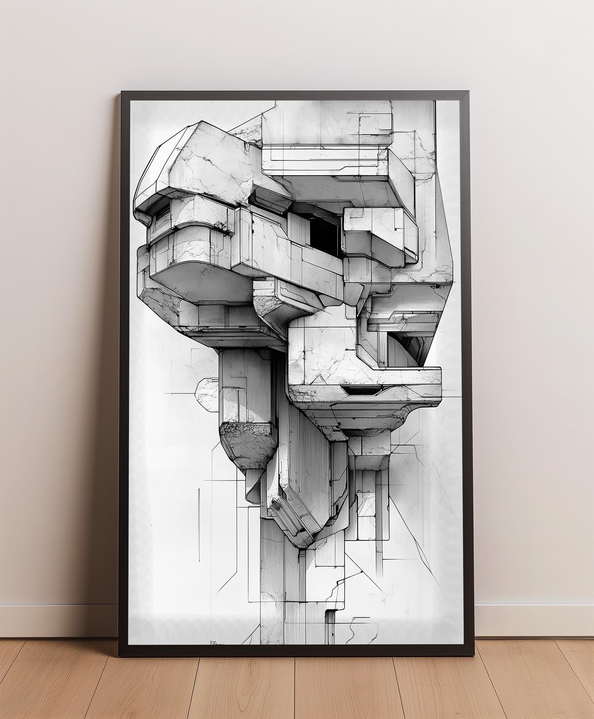 Architectural Abstract Line Drawing | Brutalist Building Art Print ...
