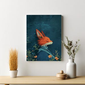 Japanese Samurai Fox Print | Whimsical Fox Art Poster | Forest Animal Wall Art | Blue Fantasy Character Illustration | Digital Download