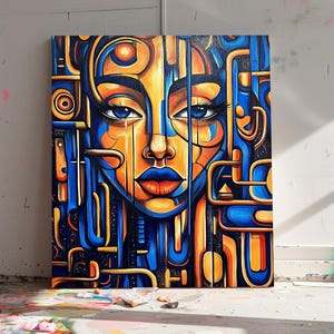 Bold Abstract Portrait Wall Art | Modern Feminine Face Mural Print | Vibrant Blue and Orange Expressionist Industrial | Digital Download