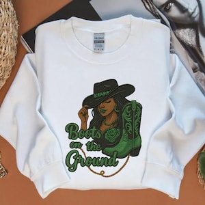 Boots On The Ground Embroidery File – Confident Cowgirl Western Design with Green Hat and Boots, Feminist Rodeo Machine Stitch Art